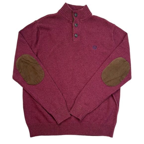 Chaps Men's Pullover Knit Sweater 3 Buttons Elbow Patches Burgundy Size L - Picture 1 of 8